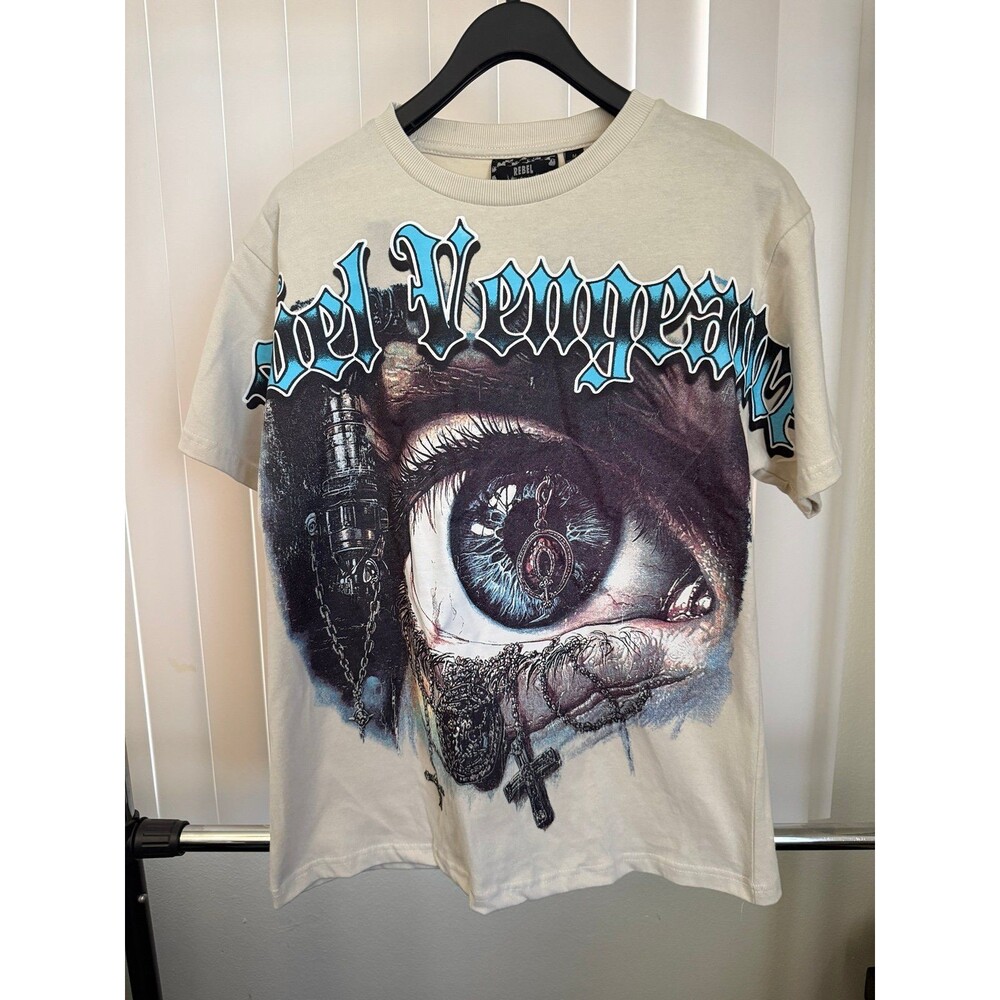NWT Rebel Vengeance Beige Goth Cross w/Large Eye Graphic T-Shirt Size Medium
